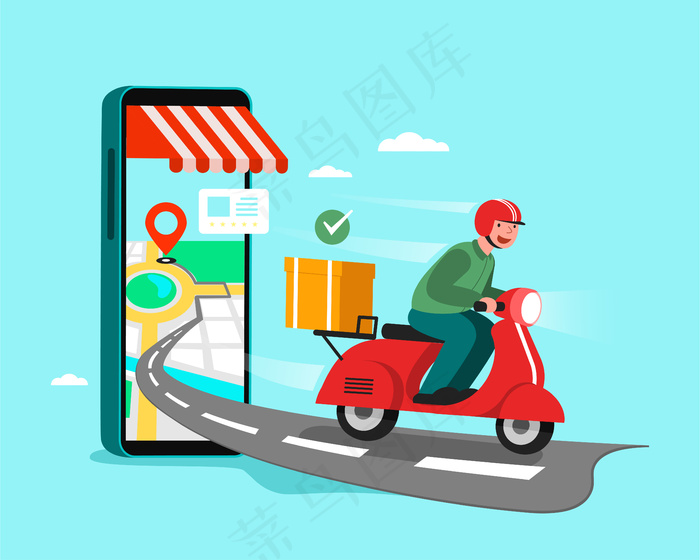 送货人员骑摩托车，购物理念。eps,ai矢量模版下载
