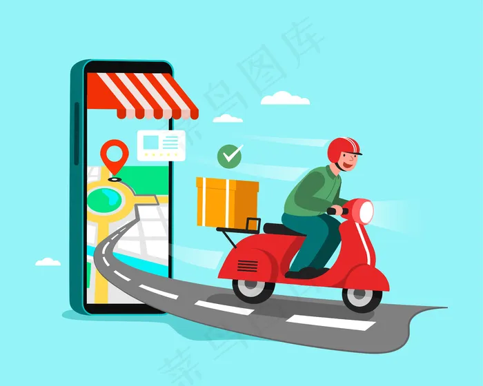 送货人员骑摩托车，购物理念。eps,ai矢量模版下载