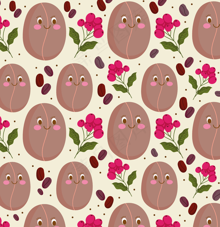 食物模式有趣快乐卡通咖啡豆和种子矢量插图