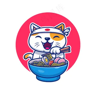 猫吃拉面图标插图。猫标志吉祥物卡通人物。动物图标概念白色