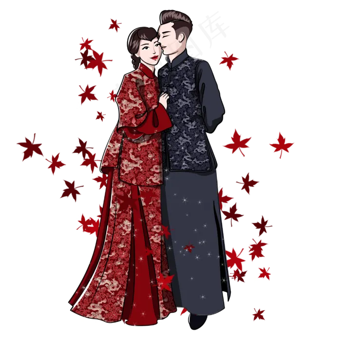 七夕情人节红色古装唯美卡通情侣(3545X5315(DPI:300))psd模版下载