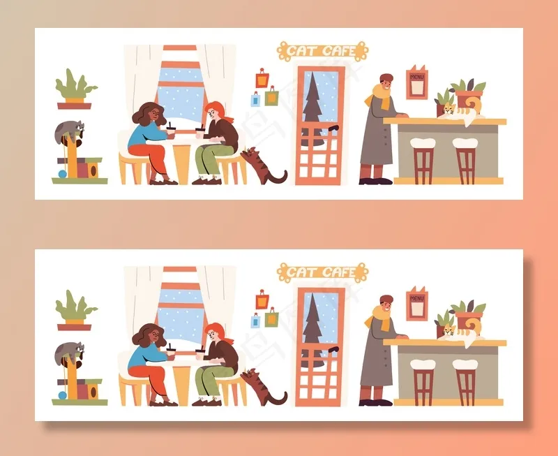 猫咖啡馆室内有人和宠物。矢量平面图，咖啡馆的小猫在柜台上，猫爬在塔上，女人坐在桌子旁，男人，植物和窗户后面的冬天eps,ai矢量模版下载