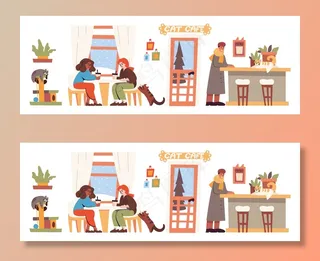 猫咖啡馆室内有人和宠物。矢量平面图，咖啡馆的小猫在柜台上，猫爬在塔上，女人坐在桌子旁，男人，植物和窗户后面的冬天