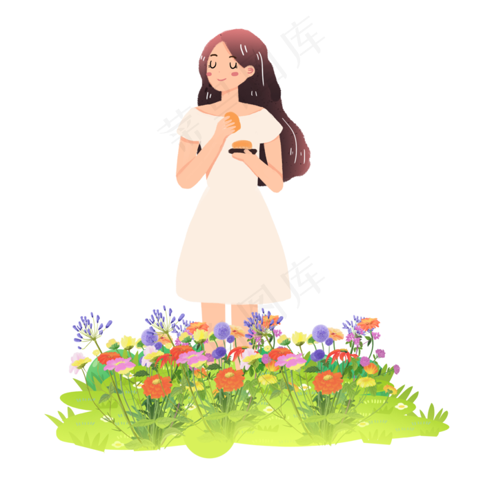 中秋节女孩吃月饼花草素材(2000X2000(DPI:300))psd模版下载