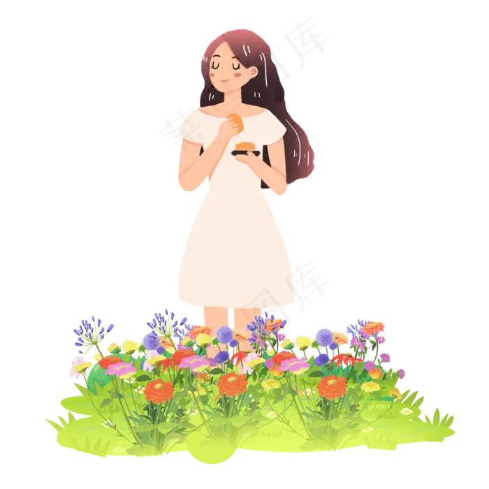中秋节女孩吃月饼花草素材(2000X2000(DPI:300))psd模版下载