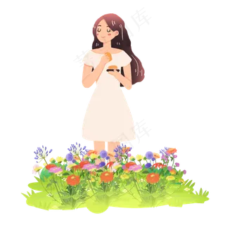 中秋节女孩吃月饼花草素材