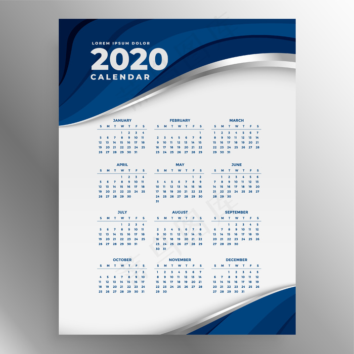 2020蓝色垂直日历模板eps,ai矢量模版下载