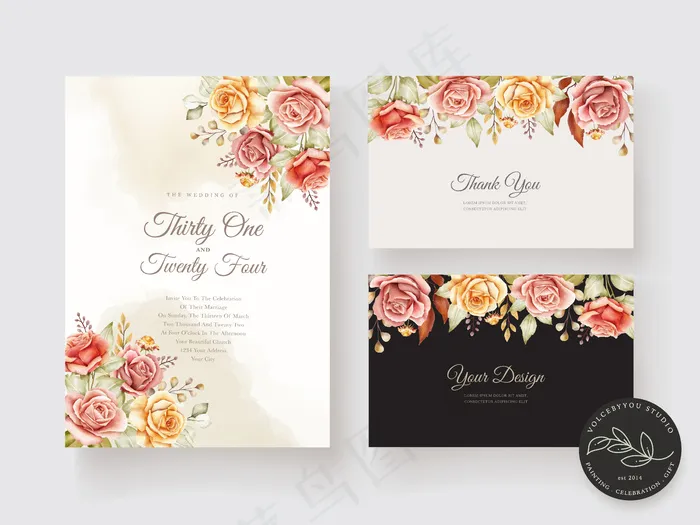 手绘水彩花卉结婚卡eps,ai矢量模版下载