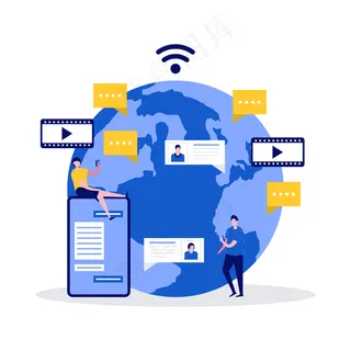 社交媒体应用程序、服务、全球通信和人物实时聊天概念。