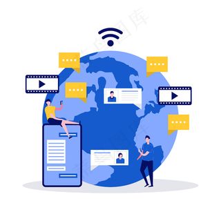 社交媒体应用程序、服务、全球通信和人物实时聊天概念。