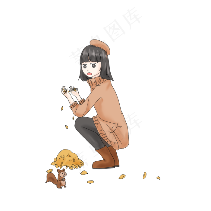 秋季秋分落叶女孩小狗插画