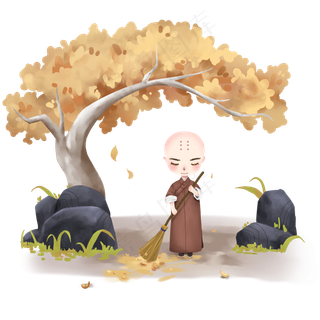 卡通秋季佛系小和尚扫地僧扫秋叶