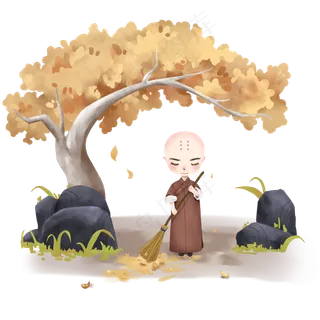 卡通秋季佛系小和尚扫地僧扫秋叶