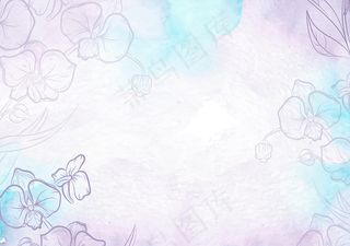 紫色喷溅和手绘花卉水彩画背景