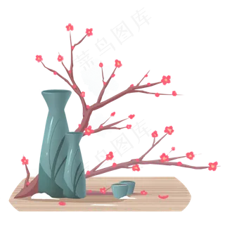 卡通手绘冬季梅花墨绿色日式酒壶