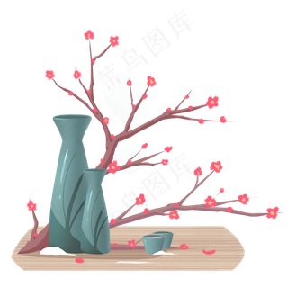 卡通手绘冬季梅花墨绿色日式酒壶