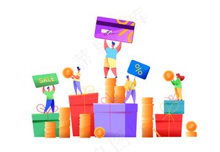 零售业和电子商务客户忠诚度计划。快乐的人们拿着硬币，奖金卡，现金返还和折扣在礼品盒的背景。消费者管理服务理念。