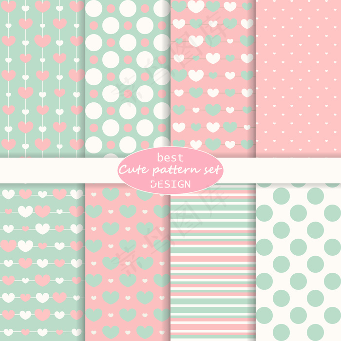 真可爱。圆点，条纹，心形图案。复古风格。柔和的颜色。