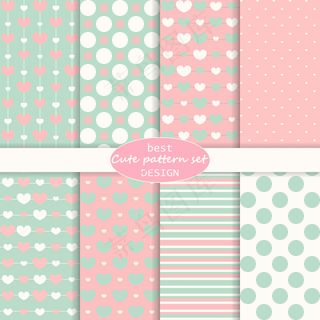 真可爱。圆点，条纹，心形图案。复古风格。柔和的颜色。
