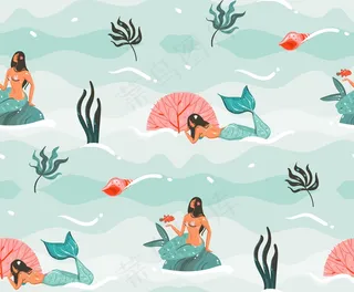 手绘抽象卡通图形夏季水下插图无缝模式与水母，鱼和美人鱼女孩人物隔离在蓝色背景。
