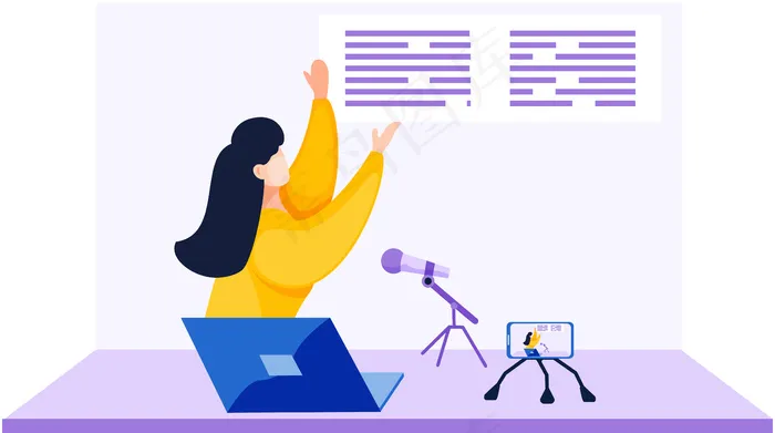 一个穿着黄色毛衣的女孩站在桌子边拍视频，用麦克风读信息eps,ai矢量模版下载