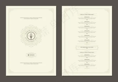 菜单设计模板与封面和餐厅复古标志小册子。