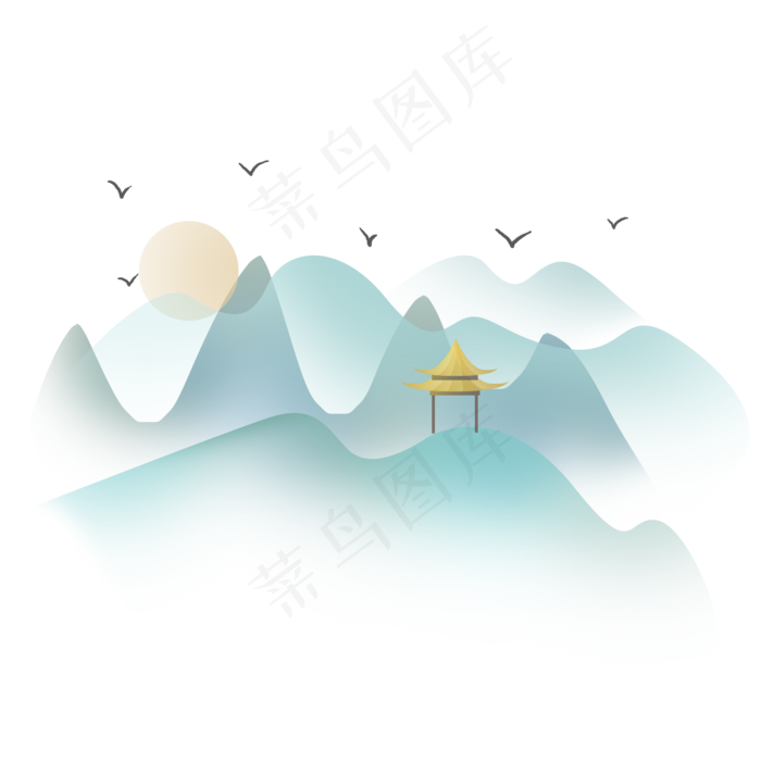 中国风渐变古风山峰和亭子