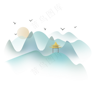 中国风渐变古风山峰和亭子