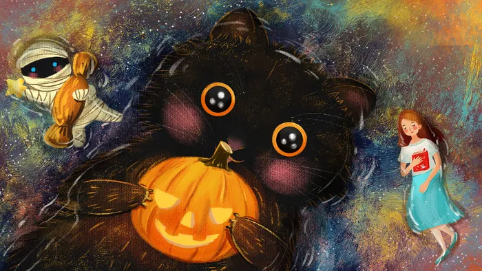 万圣节主题之大黑猫南瓜可爱(2880*1620px 300 dpi )psd模版下载