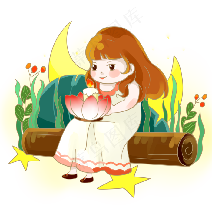 中元节鬼节女孩丛林莲花灯PNG