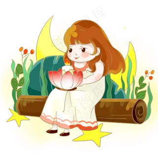 中元节鬼节女孩丛林莲花灯PNG