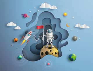 宇航员在外太空升旗执行任务。