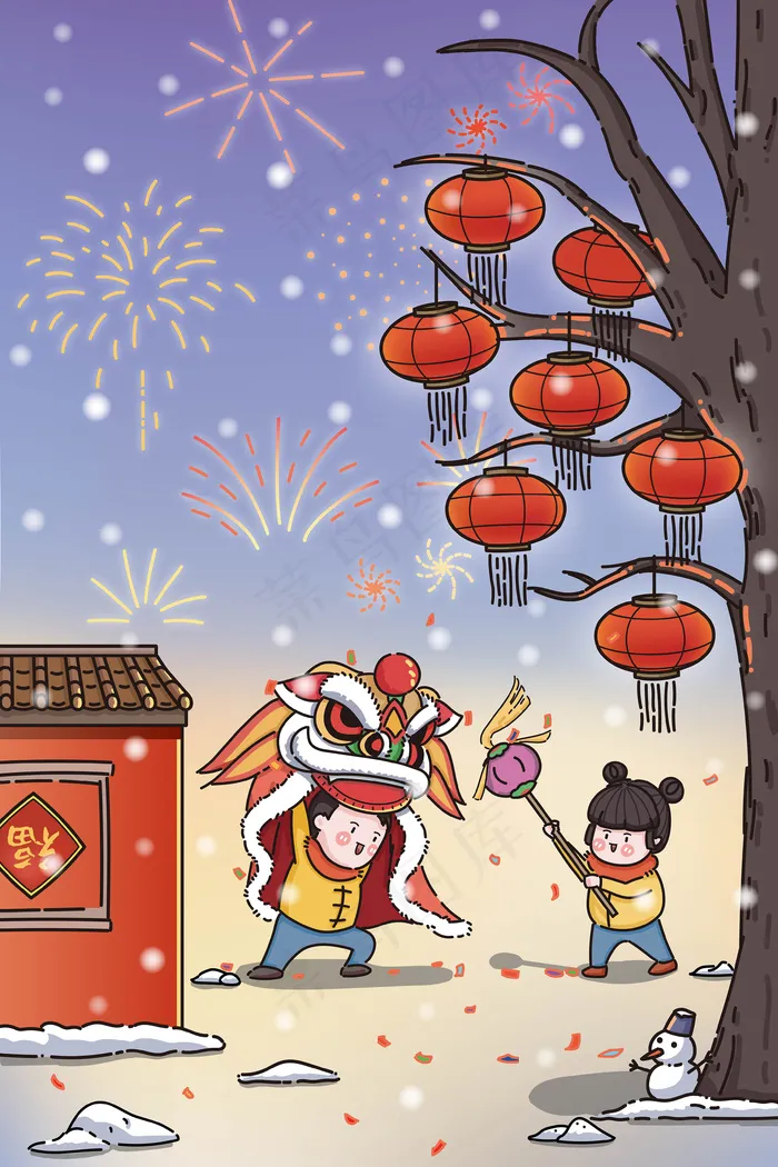新年舞龙喜庆吉祥烟花灯笼下雪场景(3545*5315px 300 dpi )ai矢量模版下载