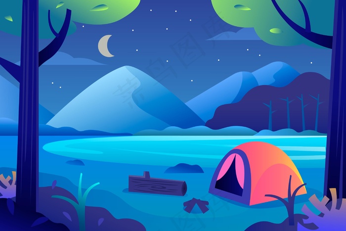 夜间有帐篷和山的平面设计露营区景观