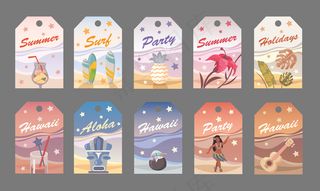 夏威夷风格的平面矢量夏季标签。聚会，冲浪，度假，阿罗哈