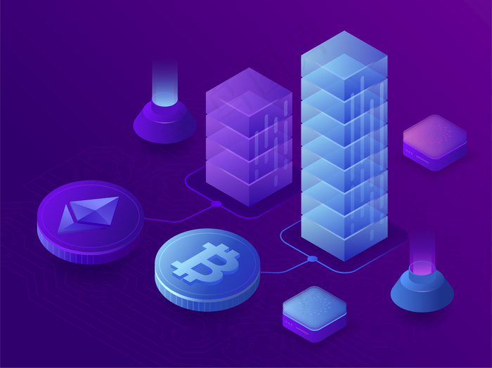 区块链和加密货币增长图，比特币课程。紫外线背景上的三维等距图