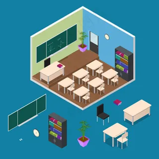 室内学校或大学教室,带元素家具等距视图。 室内学校或大学教室,带元素家具等距视图。