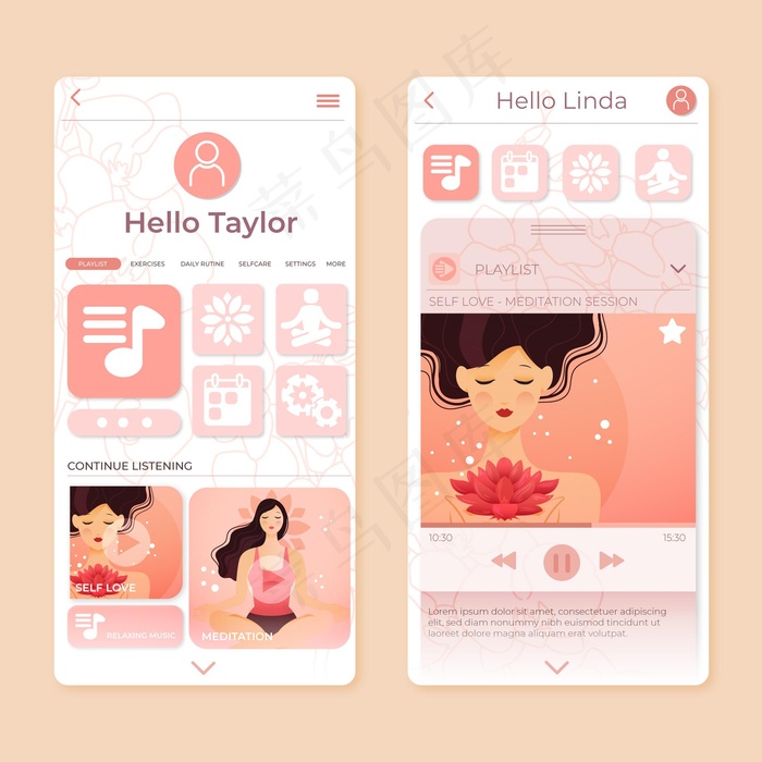 冥想应用程序界面概念