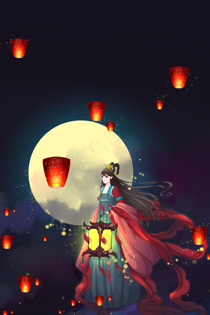 中国风动漫中秋节孔明灯嫦娥奔月中秋(3545*5315px 300 dpi )psd模版下载