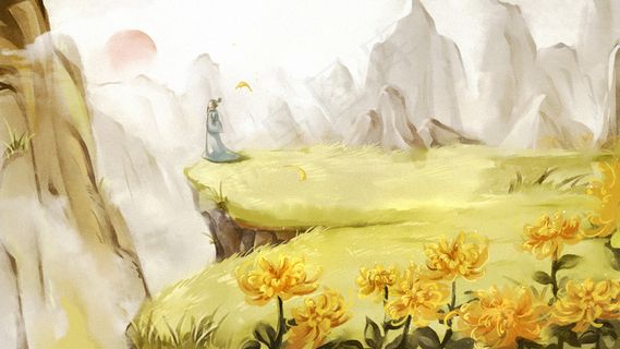 黄色古风水墨水彩古人登高