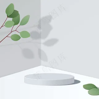 具有几何形式的抽象极小场景。白色背景的圆柱形白色讲台，带树叶。产品展示，实体模型样机，展示化妆品，讲台，舞台台座或平台。三维