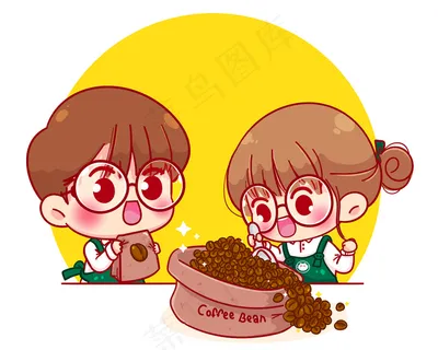 可爱的情侣咖啡师围裙舀咖啡豆卡通人物插图