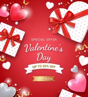 红色丝带和3d心形礼品盒。情人节卡片背景。