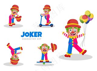 小丑角色集的卡通插图