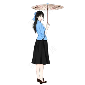 打着印有梅花图案的油纸雨伞民国
