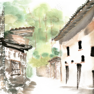 水墨画农村的街道,免抠元素