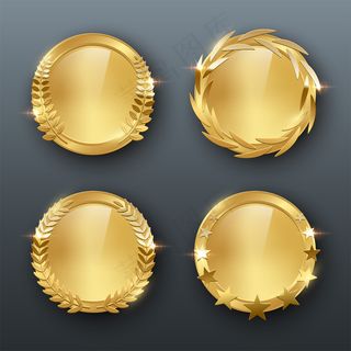 金奖空白奖牌灰色背景上的真实彩色插图