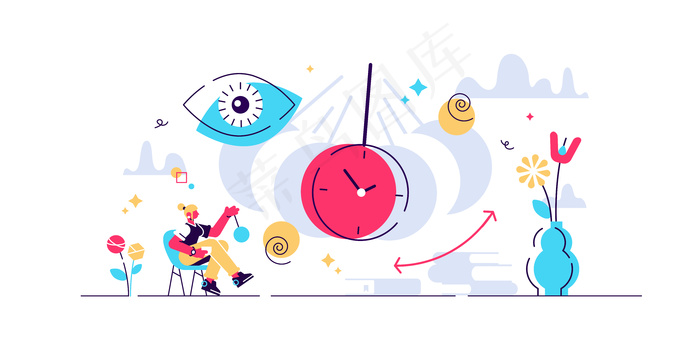 催眠插图。微小治疗条件的概念。精神状态或恍惚状态的改变。意识替代医疗条件。抽象旋转和漩涡符号。