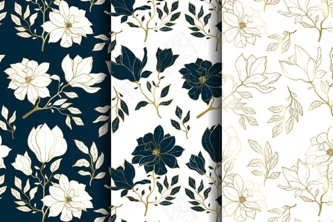 奢华金蓝色花朵无缝图案