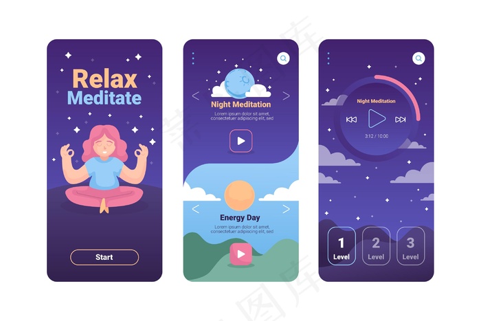 冥想应用程序app界面模板eps,ai矢量模版下载